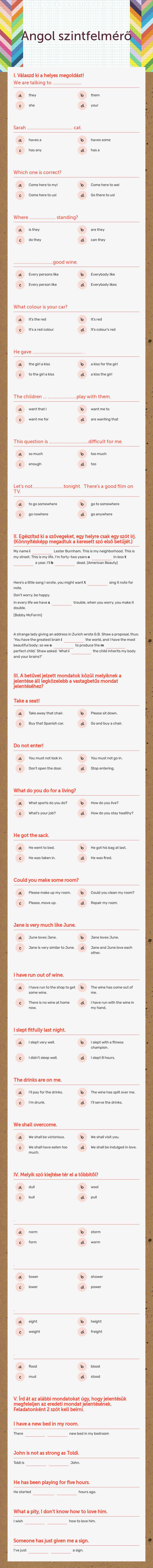 Angol szintfelmérő worksheet preview image