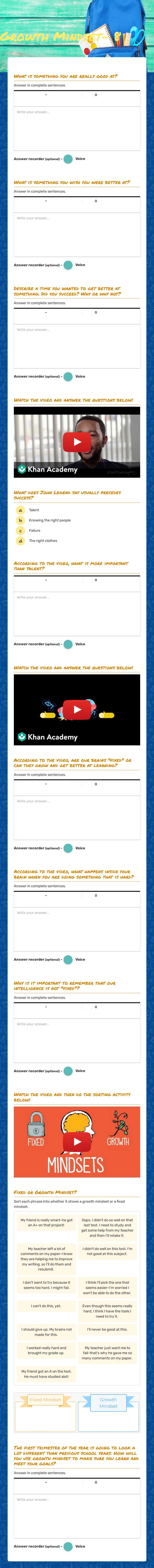 Growth Mindset- 8 Grade 10 worksheet preview
