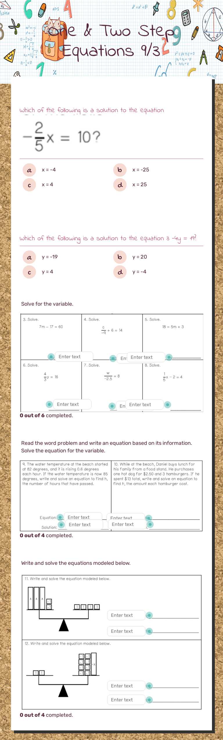 One & Two Step Equations    9/3 worksheet preview image