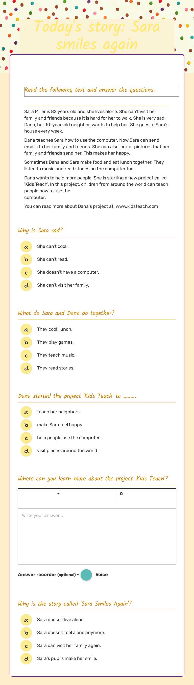 Today's story: Sara smiles again worksheet preview image