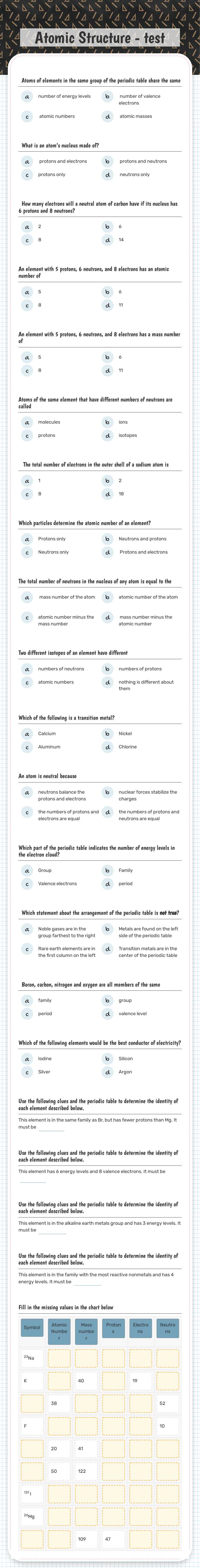Atomic Structure - test worksheet preview image