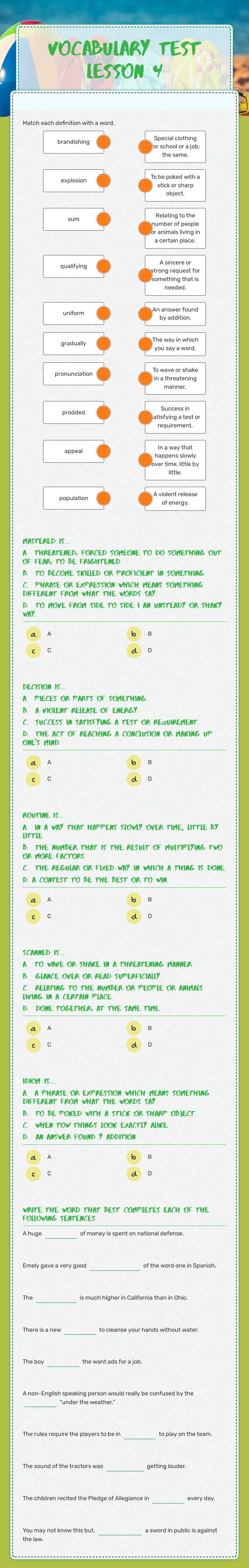 Vocabulary Test Lesson 4 worksheet preview image