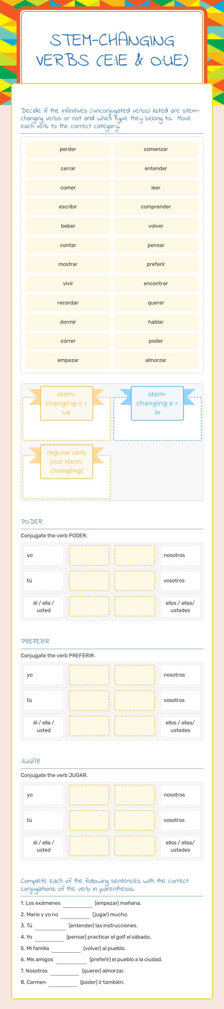 Stem-changing verbs (e:ie & o:ue) worksheet preview image