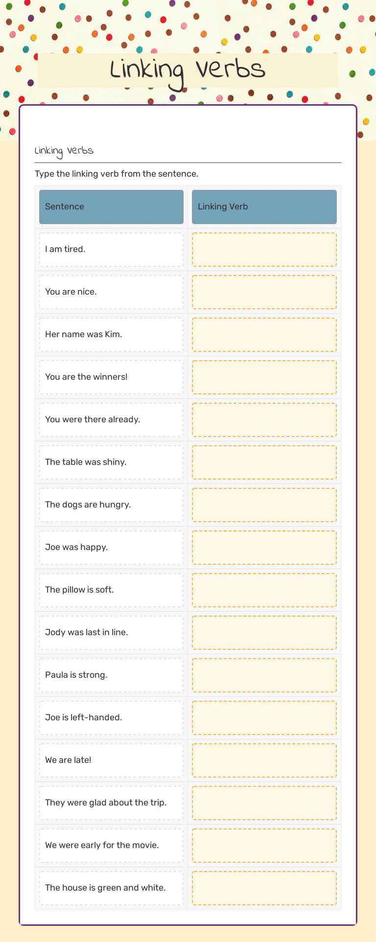 Linking Verbs worksheet preview image