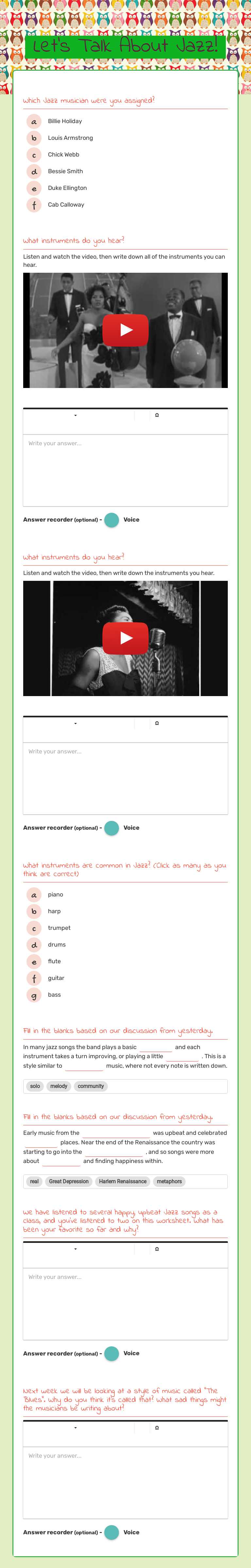 Let's Talk About Jazz! worksheet preview image