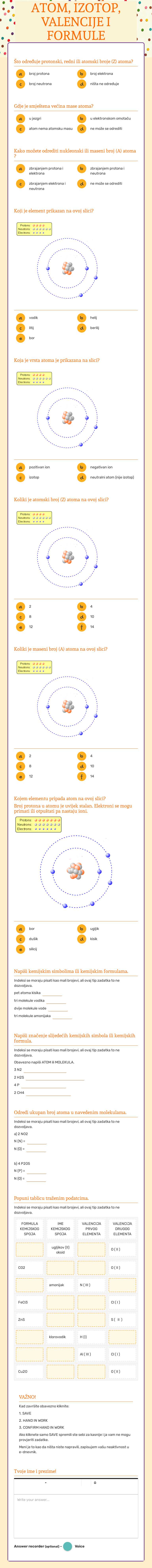 ATOM, IZOTOP, VALENCIJE I FORMULE KEMIJSKIH SPOJEVA worksheet preview image