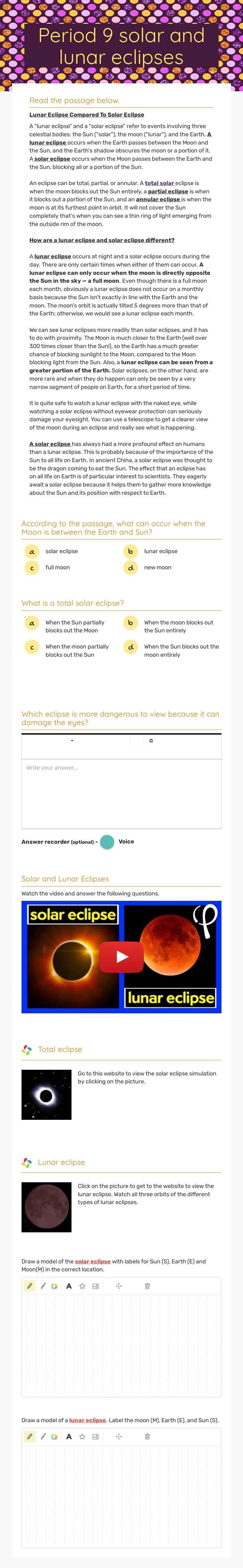 Period 9  solar and lunar eclipses worksheet preview image