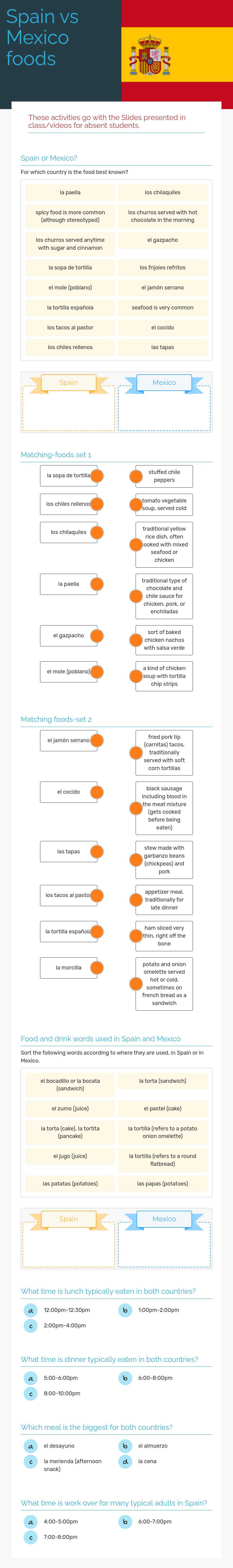 Spain vs Mexico foods worksheet preview image
