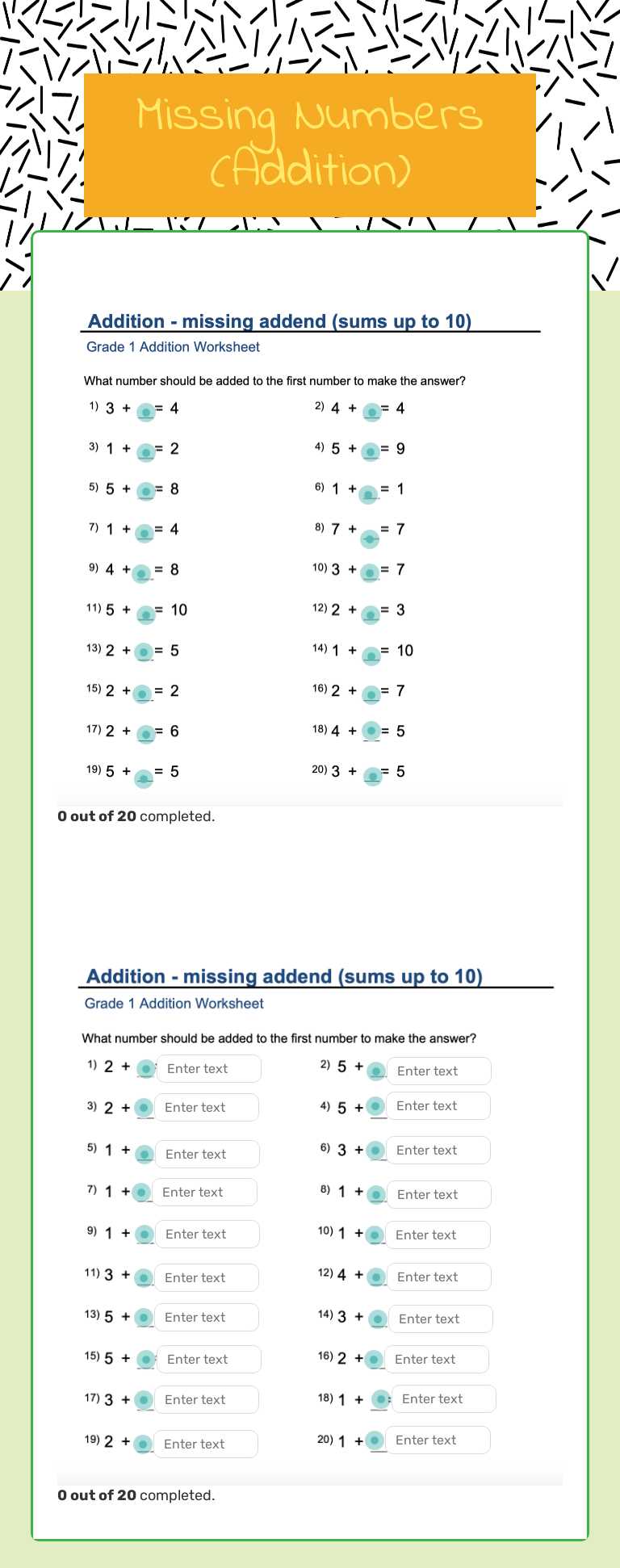 Missing Numbers (Addition) worksheet preview image