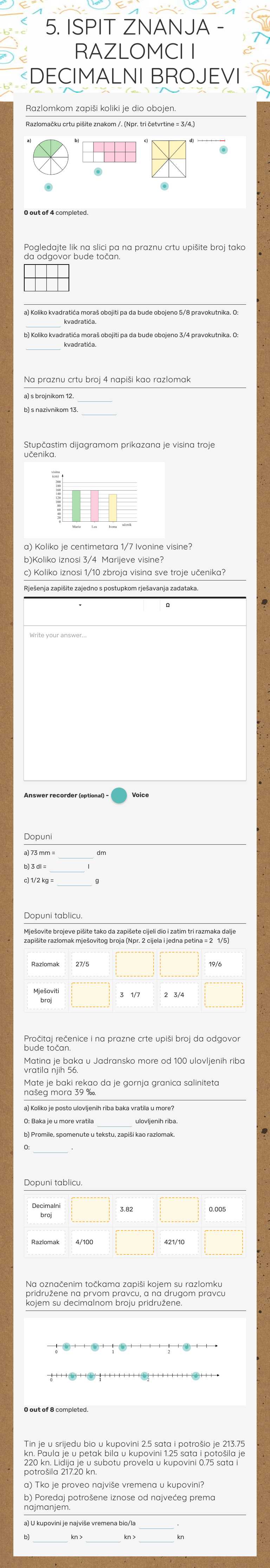 5. ISPIT ZNANJA - RAZLOMCI I DECIMALNI BROJEVI worksheet preview image