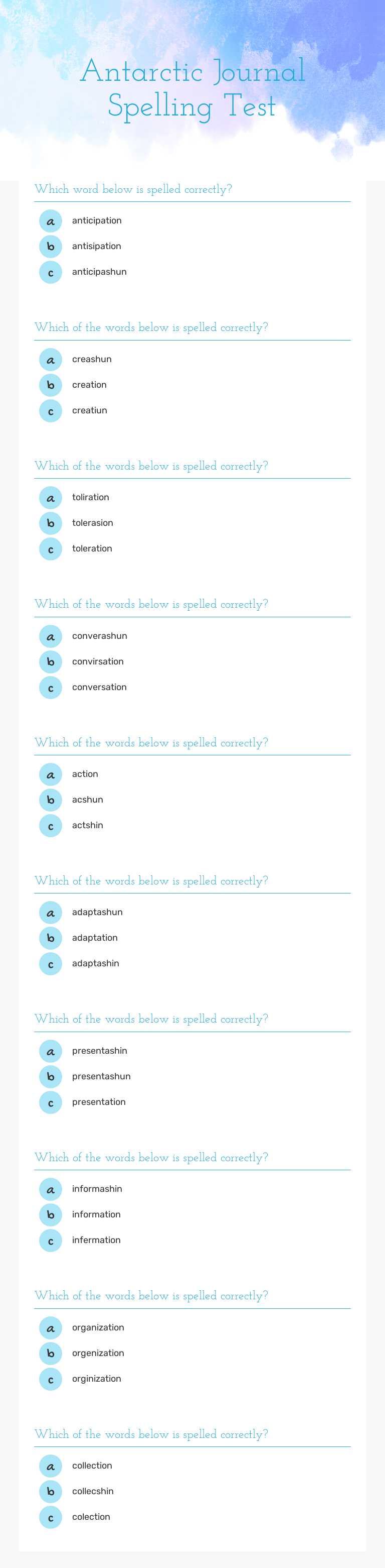 Antarctic Journal Spelling Test worksheet preview image