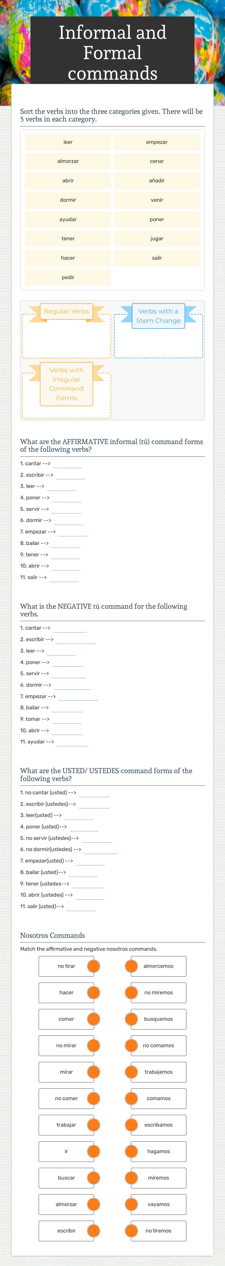 Informal and Formal commands worksheet preview image