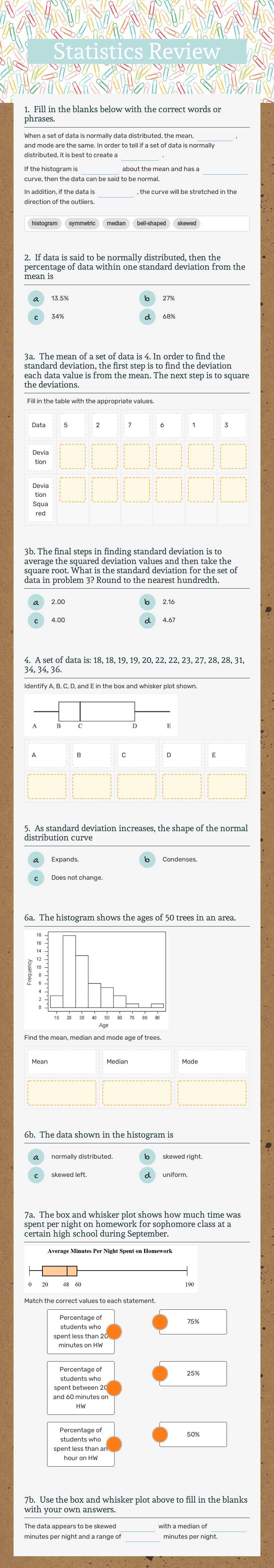 Statistics Review Grade 10 worksheet preview