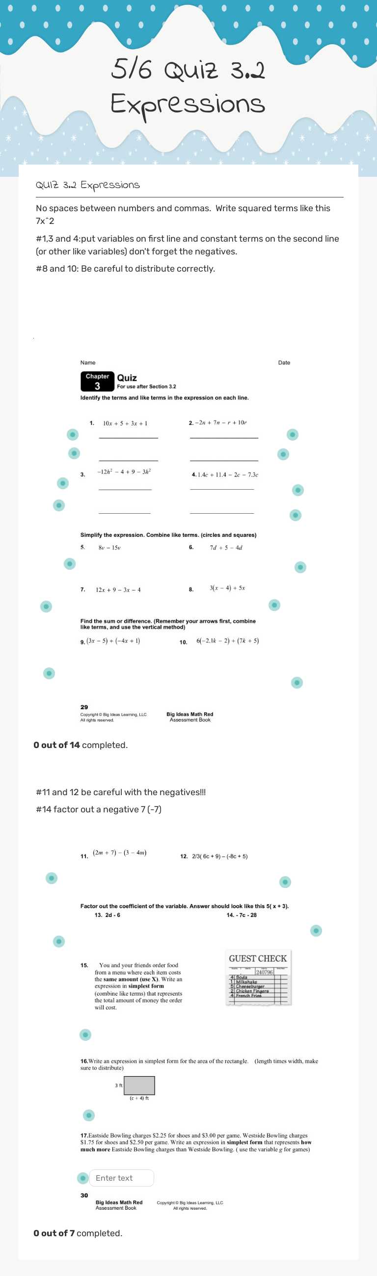 5/6 Quiz 3.2 Expressions worksheet preview image