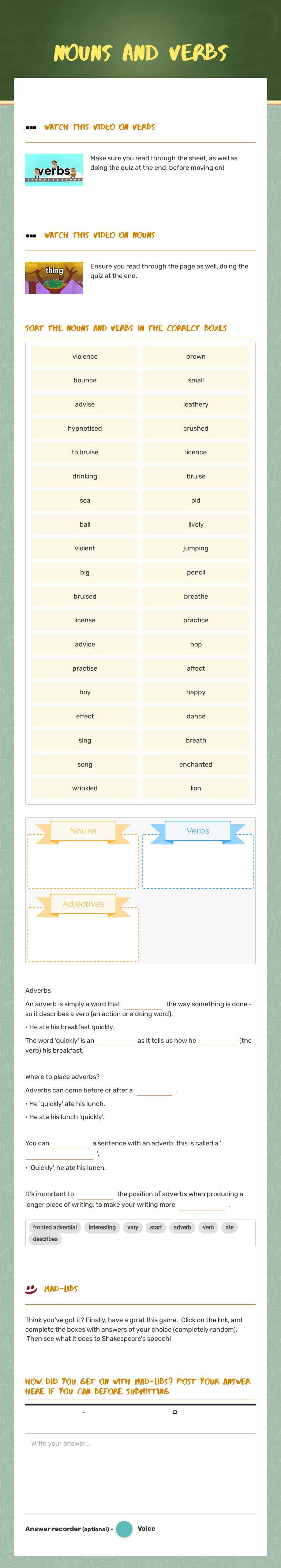 Nouns and verbs worksheet preview image