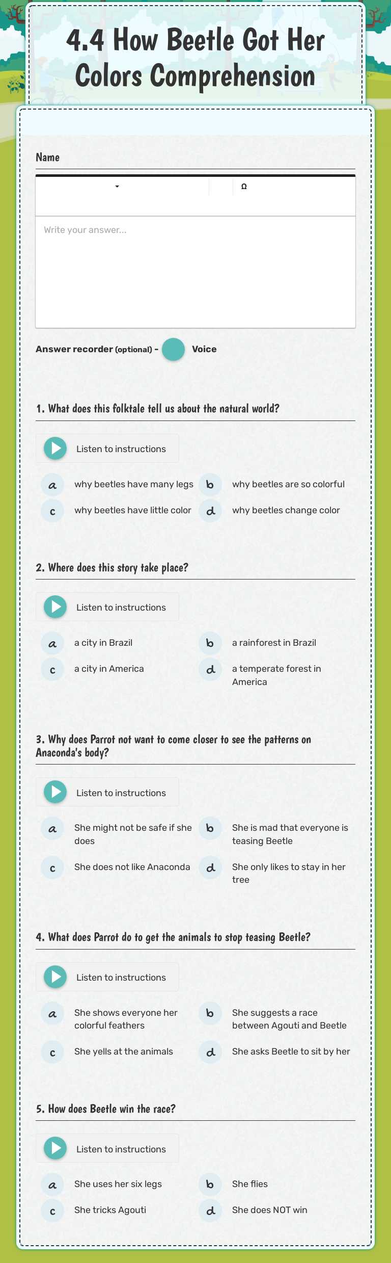 4.4 How Beetle Got Her Colors Comprehension worksheet preview image