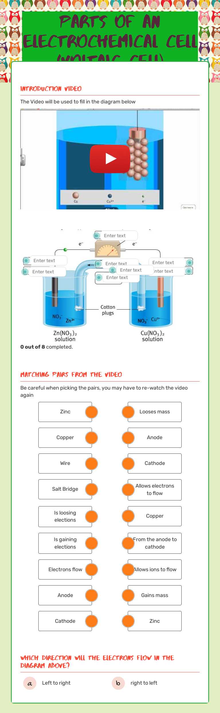 Parts of an Electrochemical Cell (Voltaic Cell) worksheet preview image