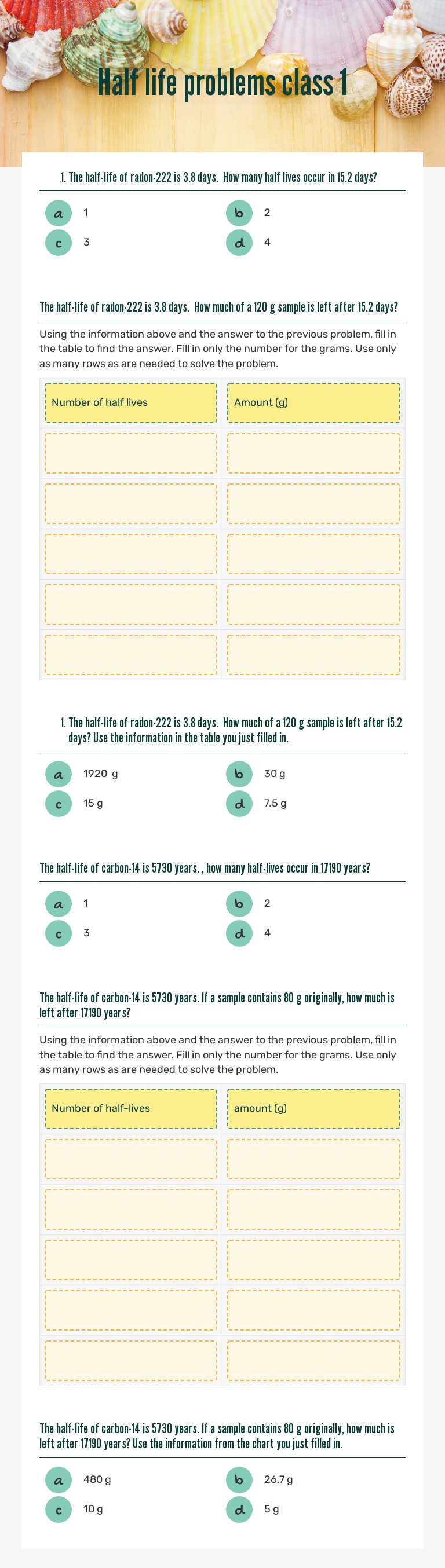 Half life problems class 1 worksheet preview image