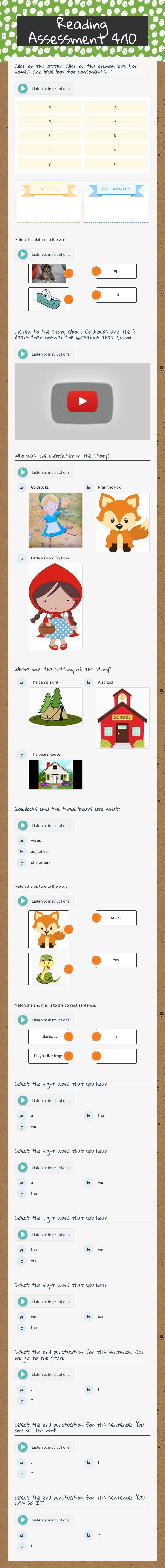 Reading Assessment 4/10 worksheet preview image