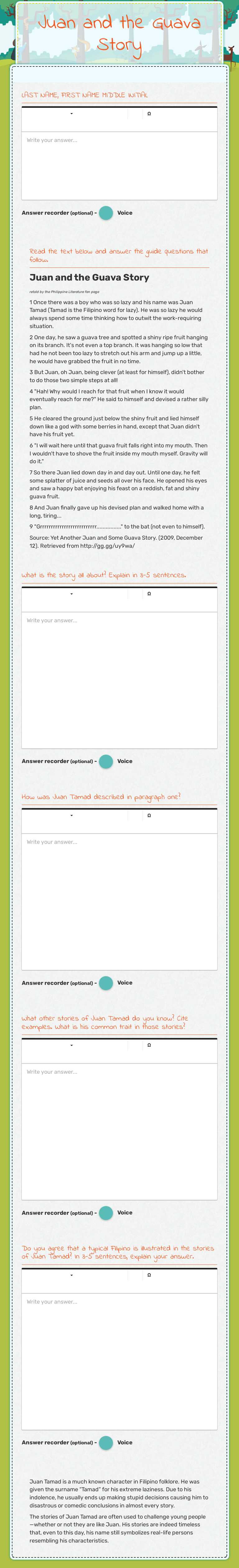 Juan and the Guava Story worksheet preview image