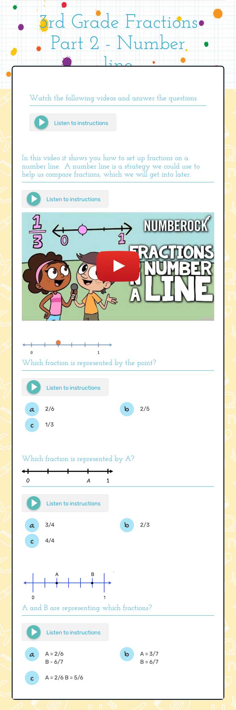3rd Grade Fractions Part 2 - Number line worksheet preview image