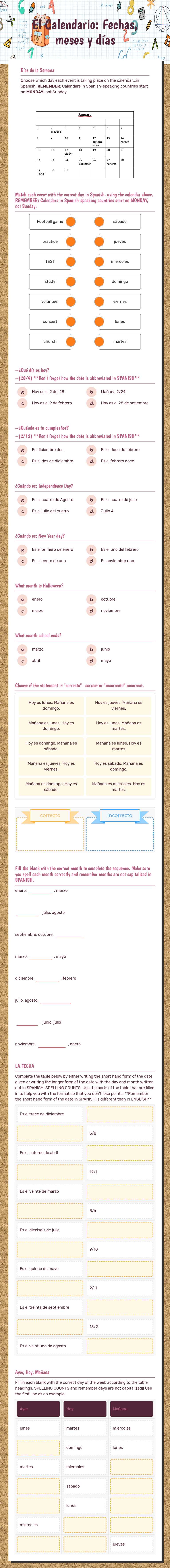 El Calendario: Fechas, meses y días worksheet preview image