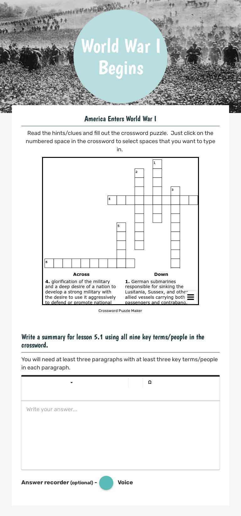 World War I Begins Grade 10 worksheet preview