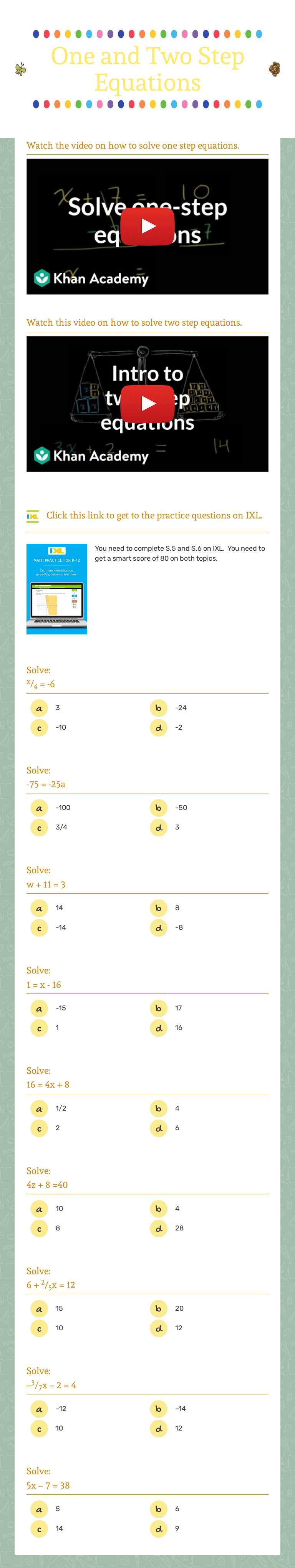 One and Two Step Equations Grade 7 worksheet preview