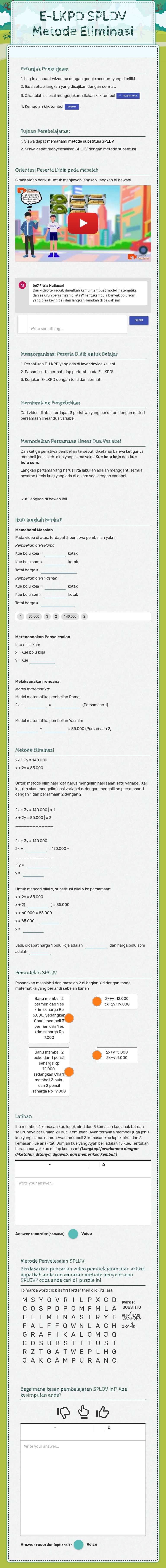 E-LKPD SPLDV    Metode Eliminasi worksheet preview image