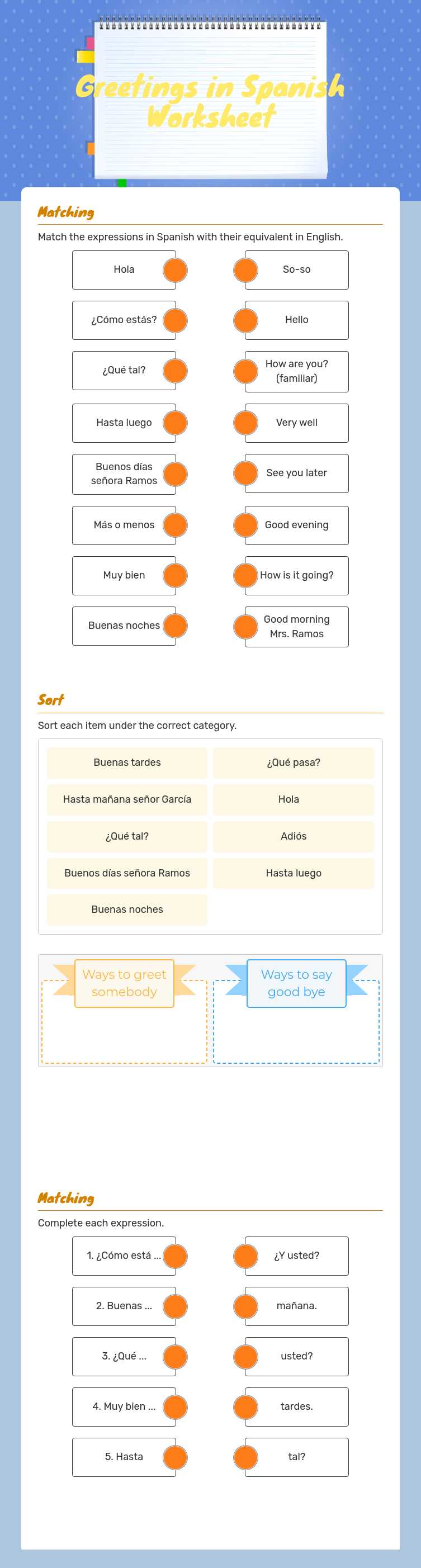 Greetings in Spanish Worksheet worksheet preview image