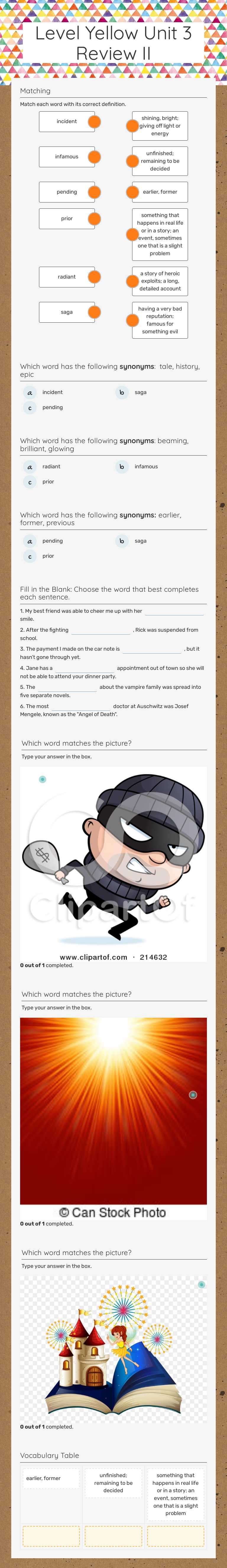 Level Yellow Unit 3  Review II worksheet preview image