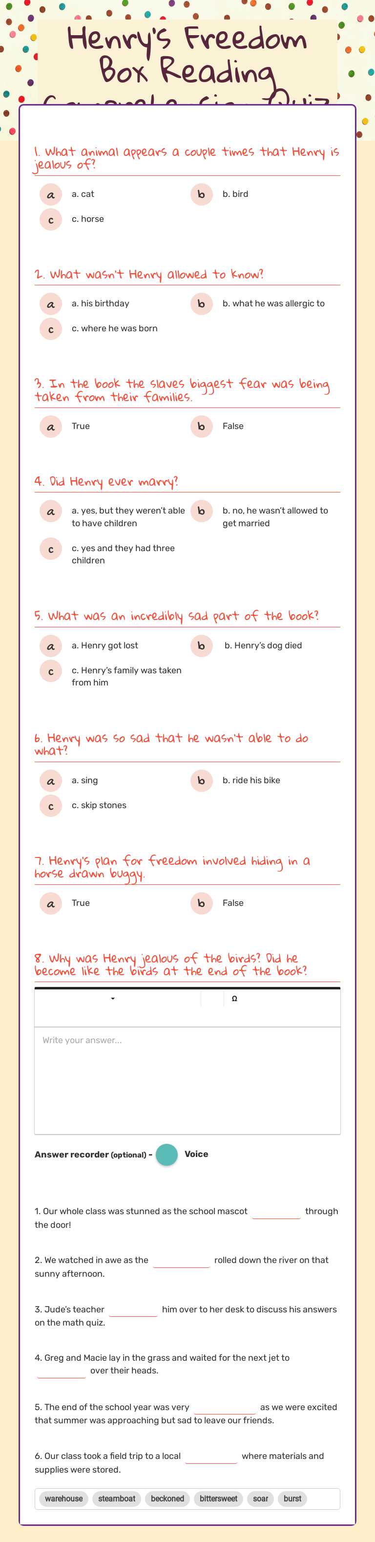 Henry's Freedom Box Reading Comprehension Quiz worksheet preview image