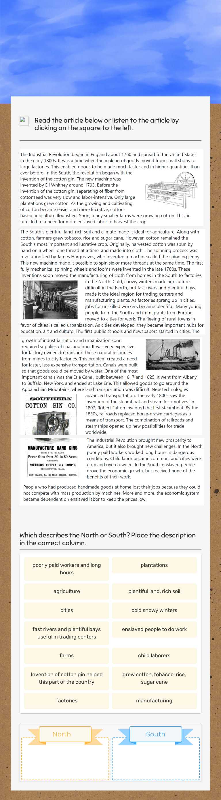 Compare the North and South! Learn about factories, farms, and key ...