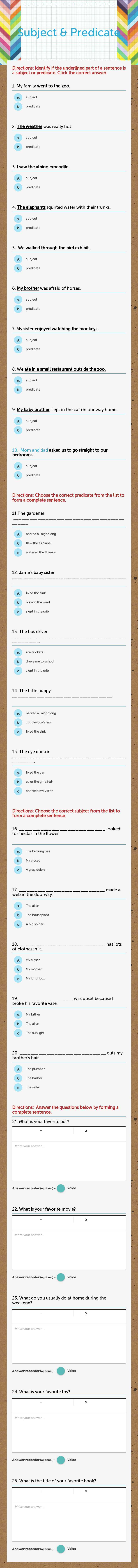 Subject & Predicate worksheet preview image