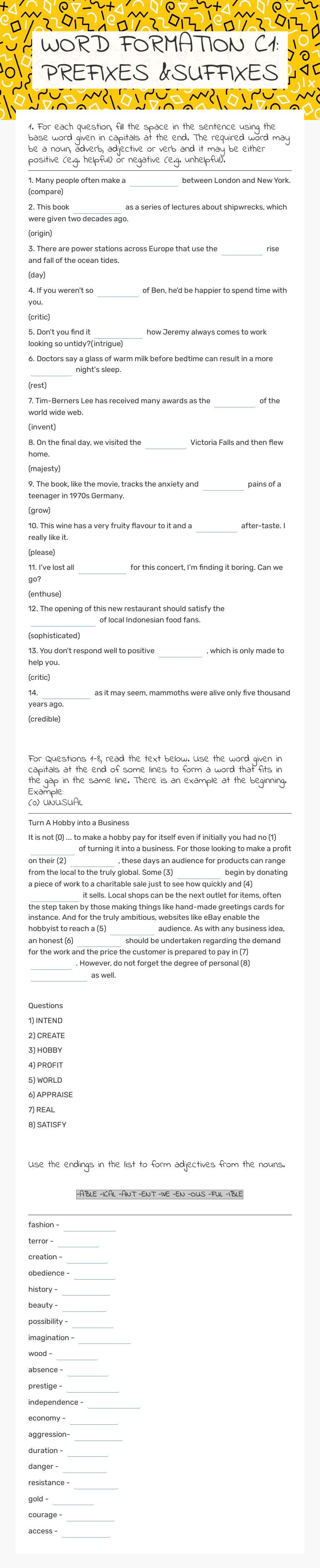 WORD FORMATION C1: PREFIXES &SUFFIXES worksheet preview image
