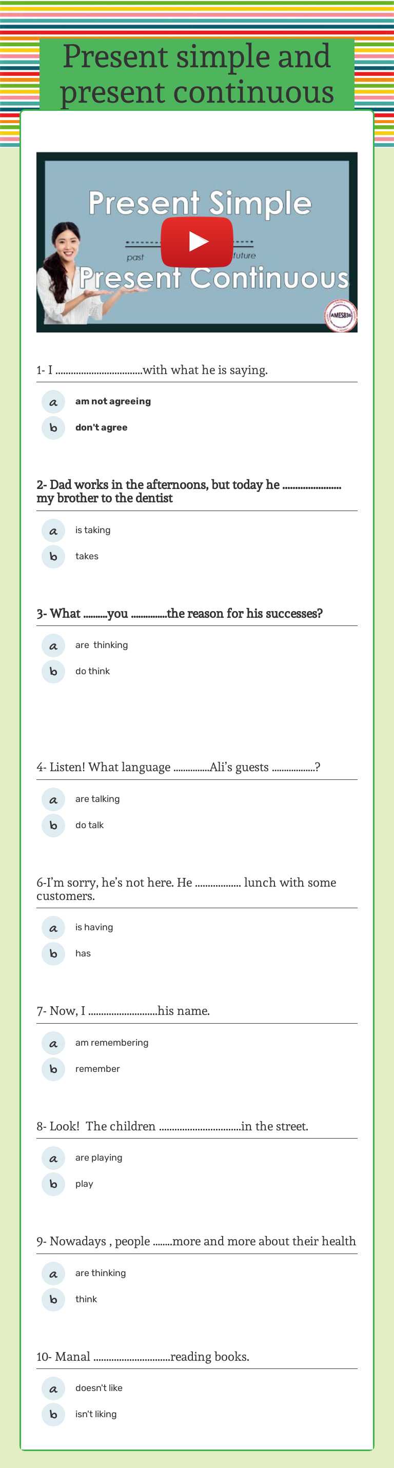 Present simple and present continuous worksheet preview image