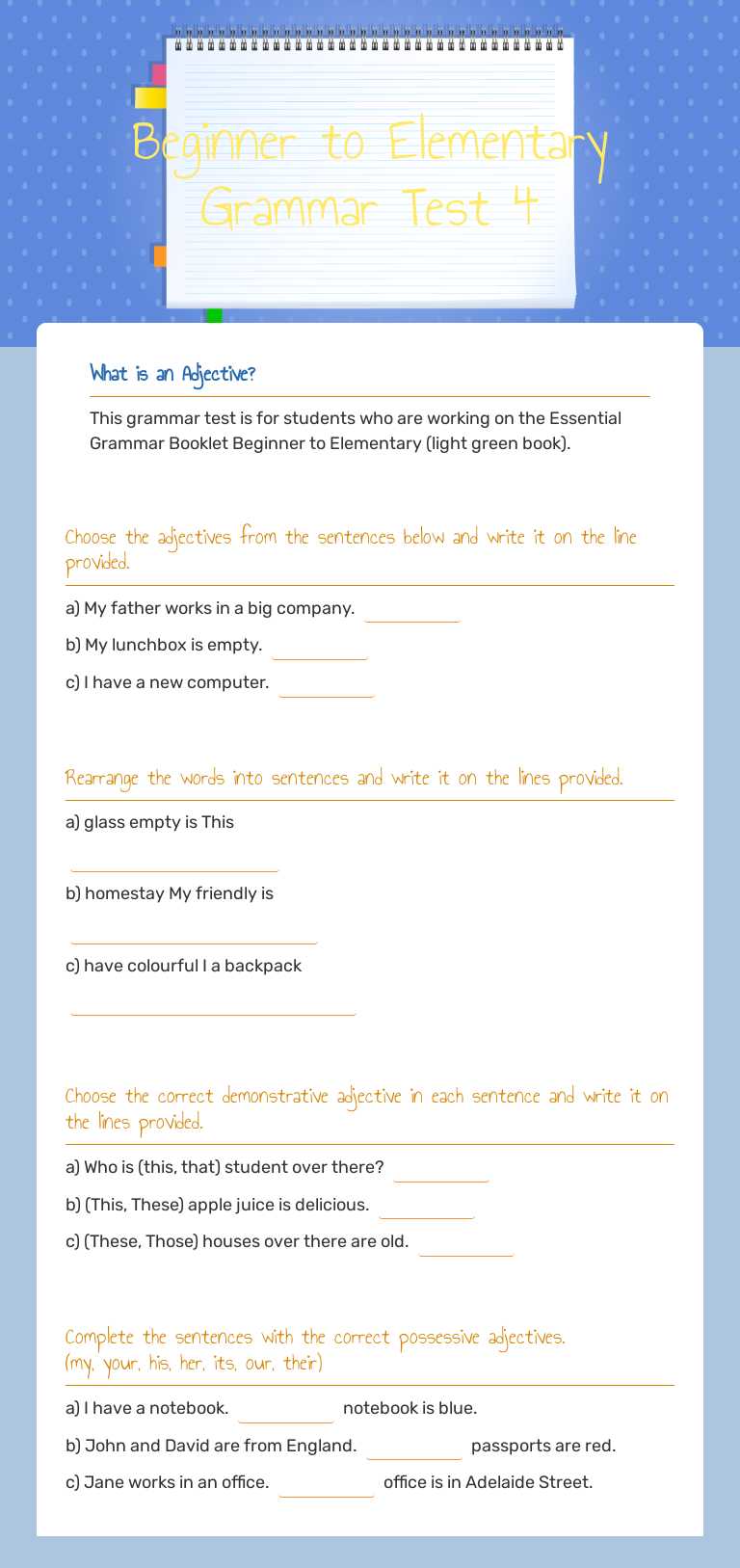 Beginner to Elementary
Grammar Test 4 worksheet preview image