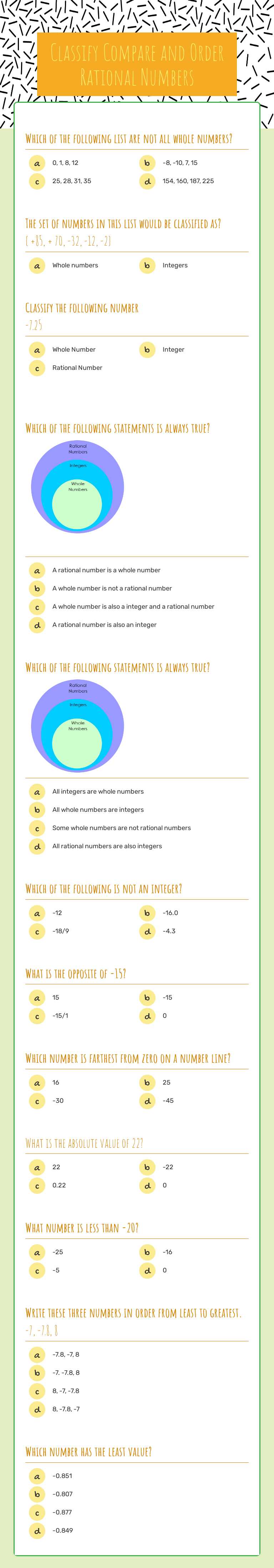 Classify Compare and Order Rational Numbers worksheet preview image