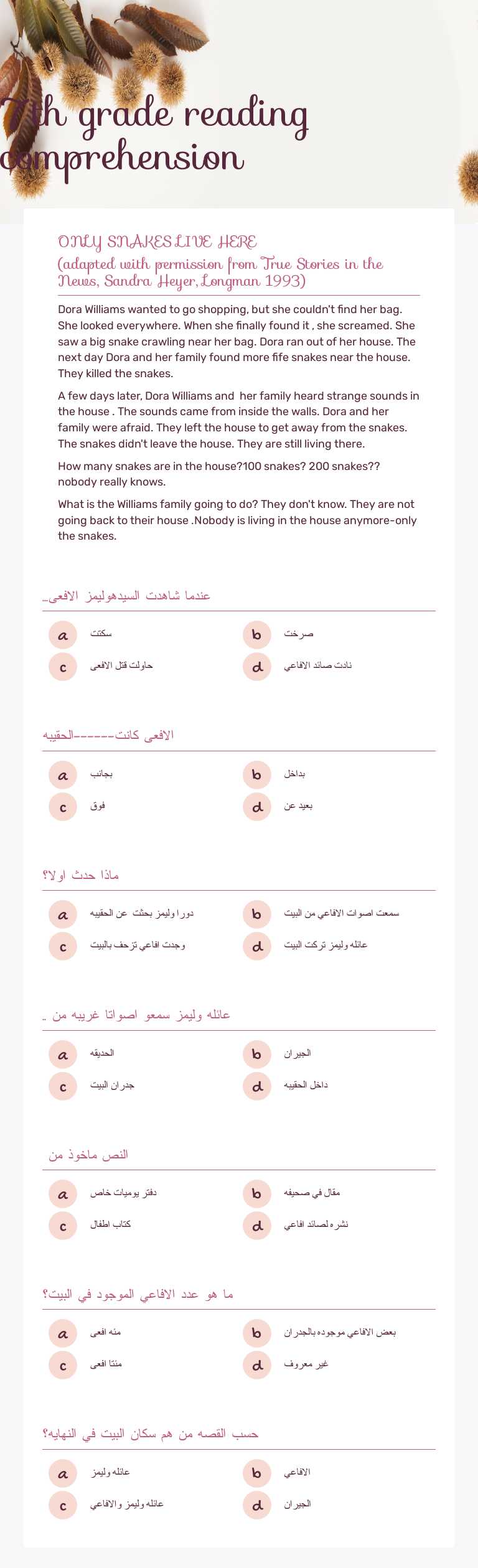7th grade reading comprehension worksheet preview image