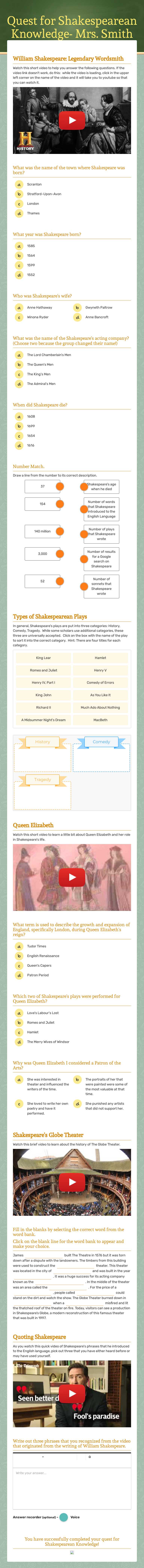 Quest for Shakespearean Knowledge- Mrs. Smith Grade 9 worksheet preview