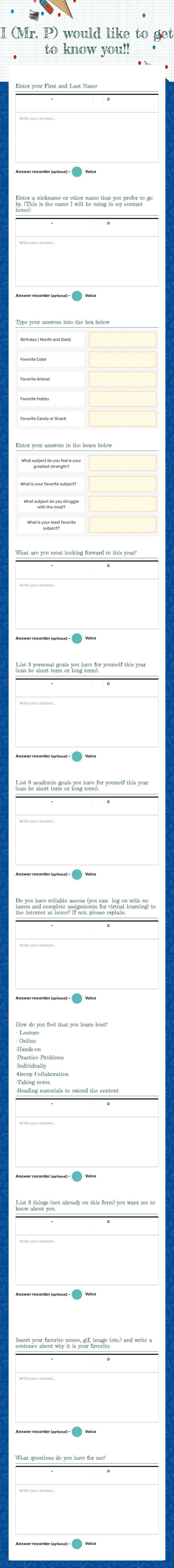 I (Mr. P) would like to get to know you!! worksheet preview image