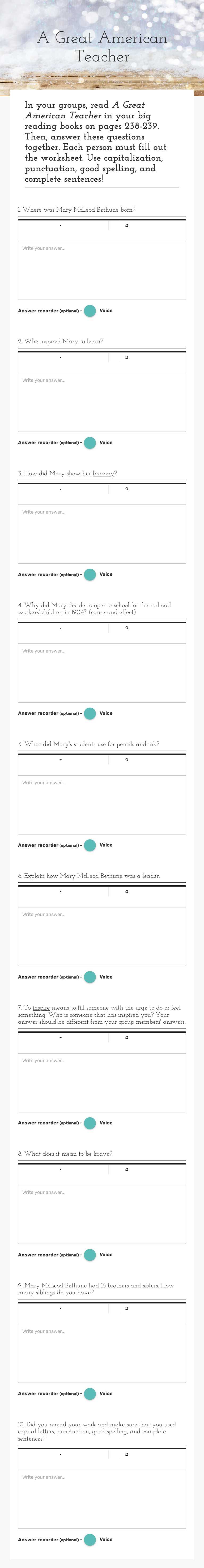 A Great American Teacher worksheet preview image