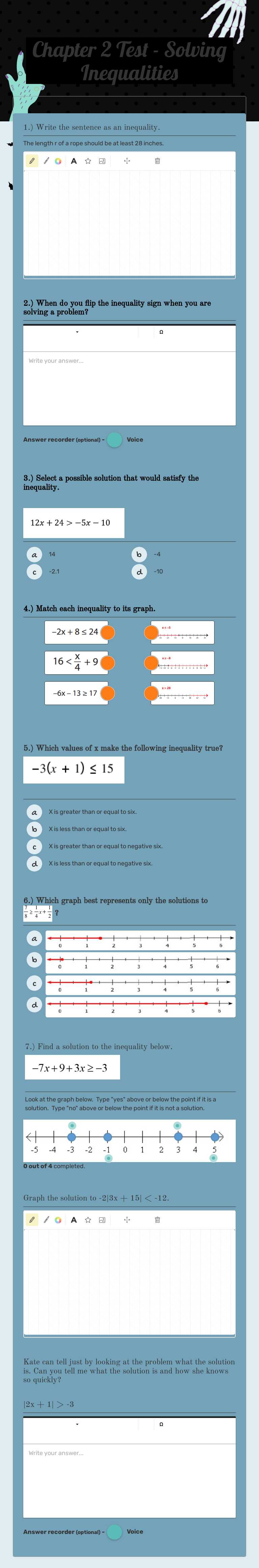Chapter 2 Test - Solving Inequalities Grade 8 worksheet preview