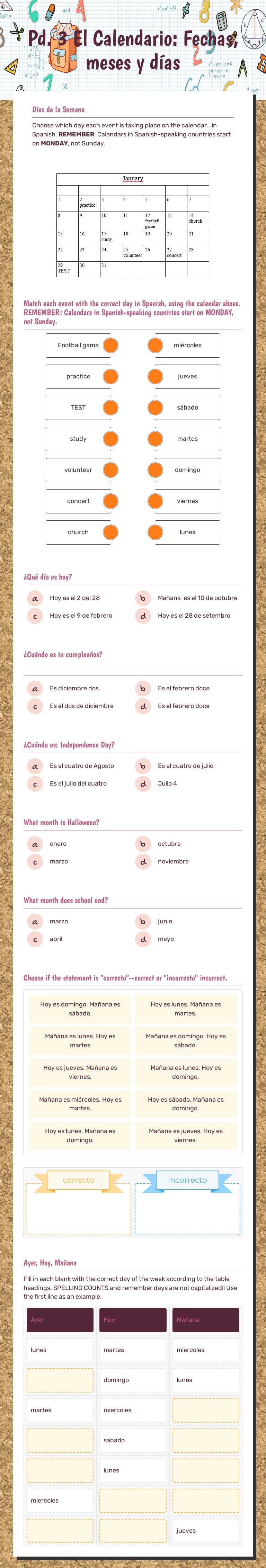 Pd. 3 El Calendario: Fechas, meses y días worksheet preview image