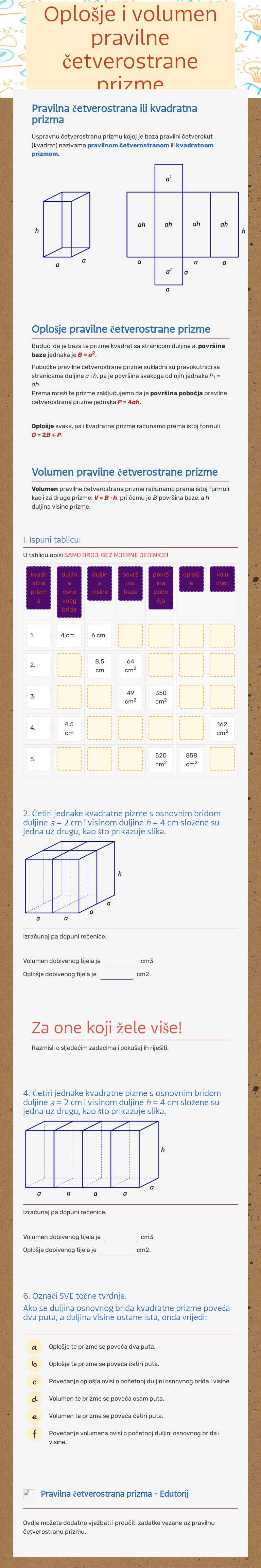 Oplošje i volumen pravilne četverostrane prizme worksheet preview image