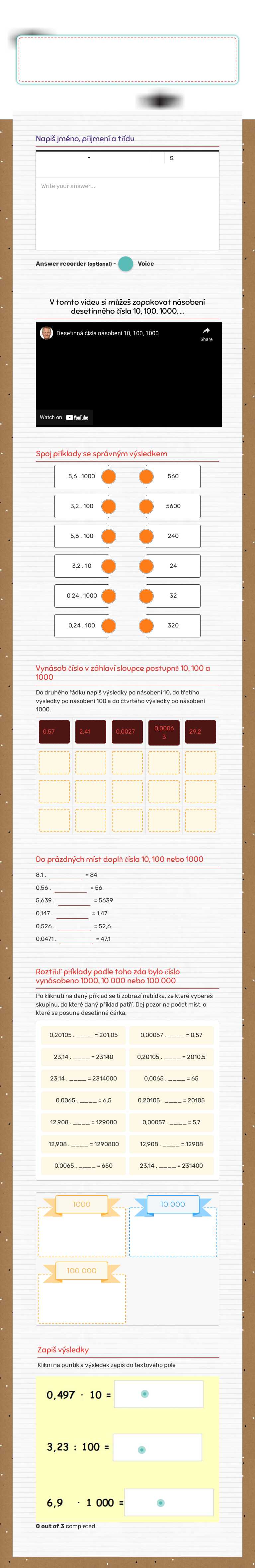 Násobení desetinného čísla
10, 100, 1000 worksheet preview image
