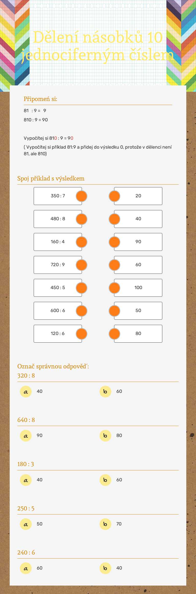 Dělení násobků 10 jednociferným číslem Grade 3 worksheet preview