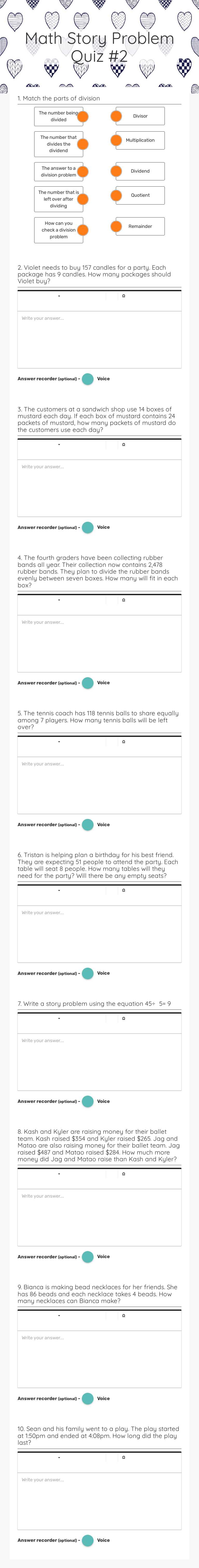 Math Story Problem Quiz #2 worksheet preview image