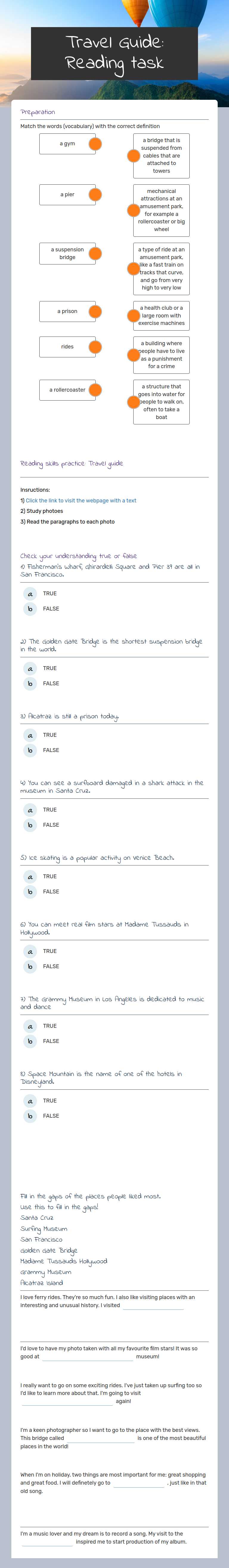 Travel Guide: Reading task worksheet preview image