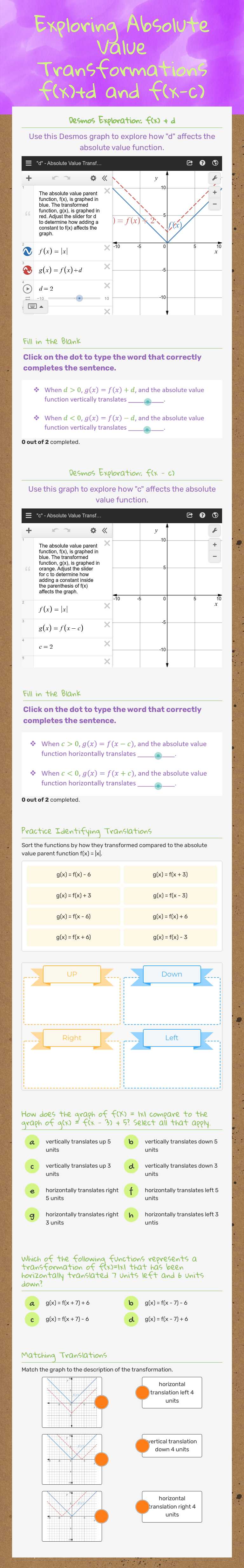 Exploring Absolute Value Transformations f(x)+d and f(x-c) worksheet preview image